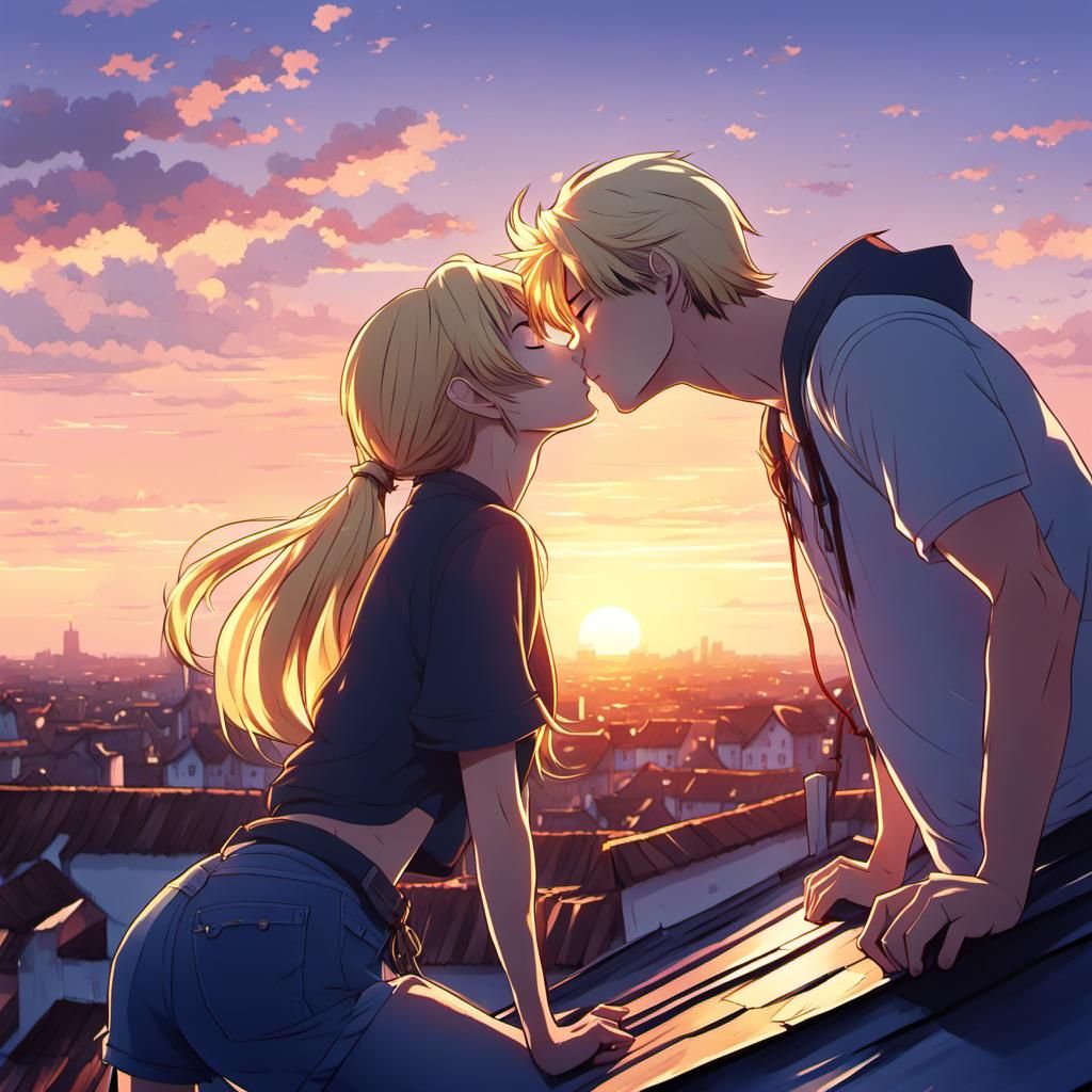 a blonde hair girl and her boyfriend kissing  on top of a ho...