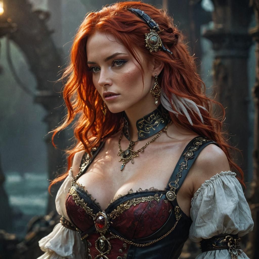 gorgeous  pirate woman with red hair and large chest 