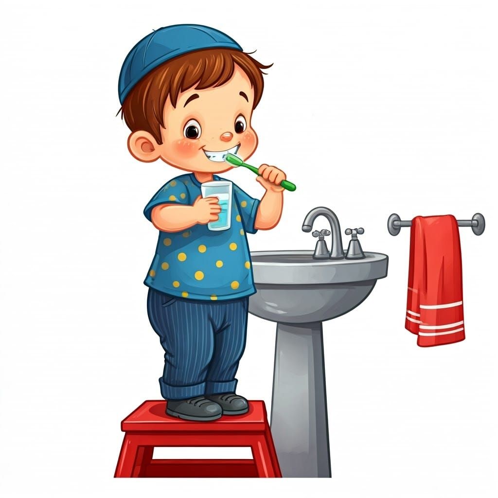 Charming Haredi Boy Brushes Teeth in a Bright Bathroom