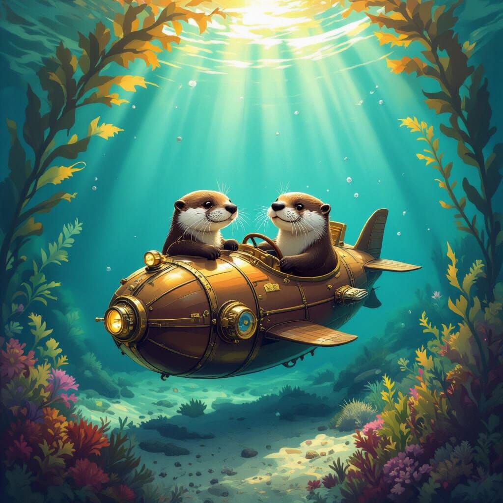 A whimsical scene of anthropomorphic otters piloting a miniature steampunk submarine through a kelp forest, searching for a legendary sunken...