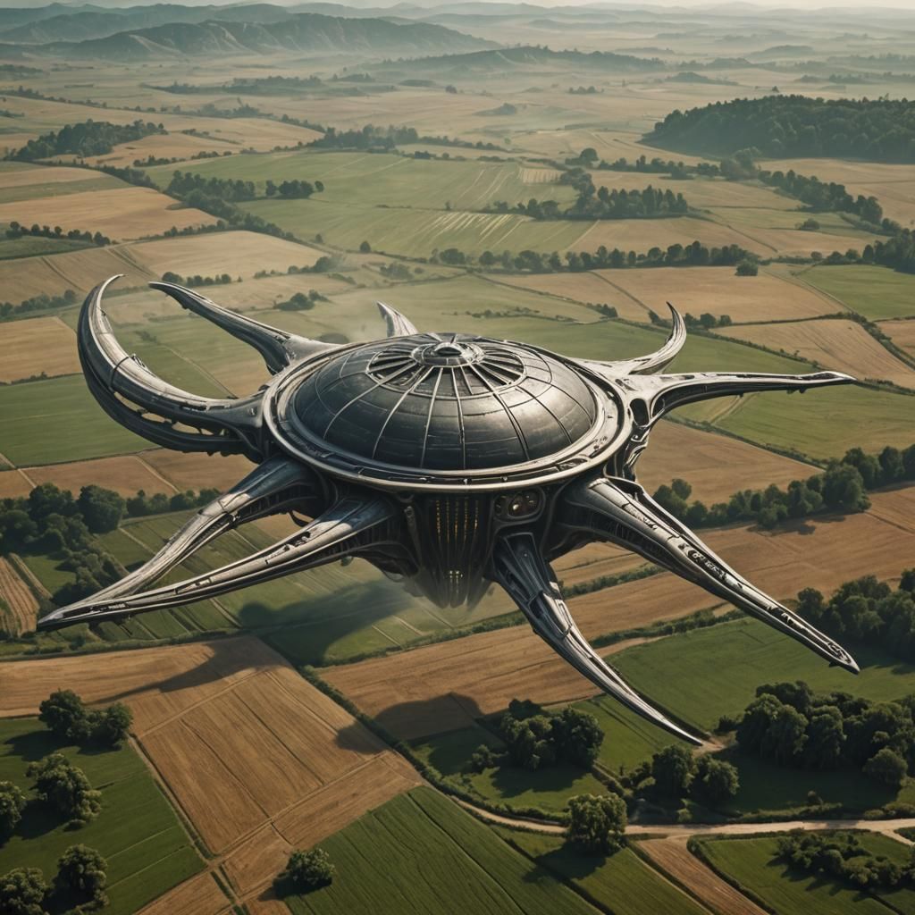 organic alien spaceship hovering over alien farmland, organic,sci-fi ...