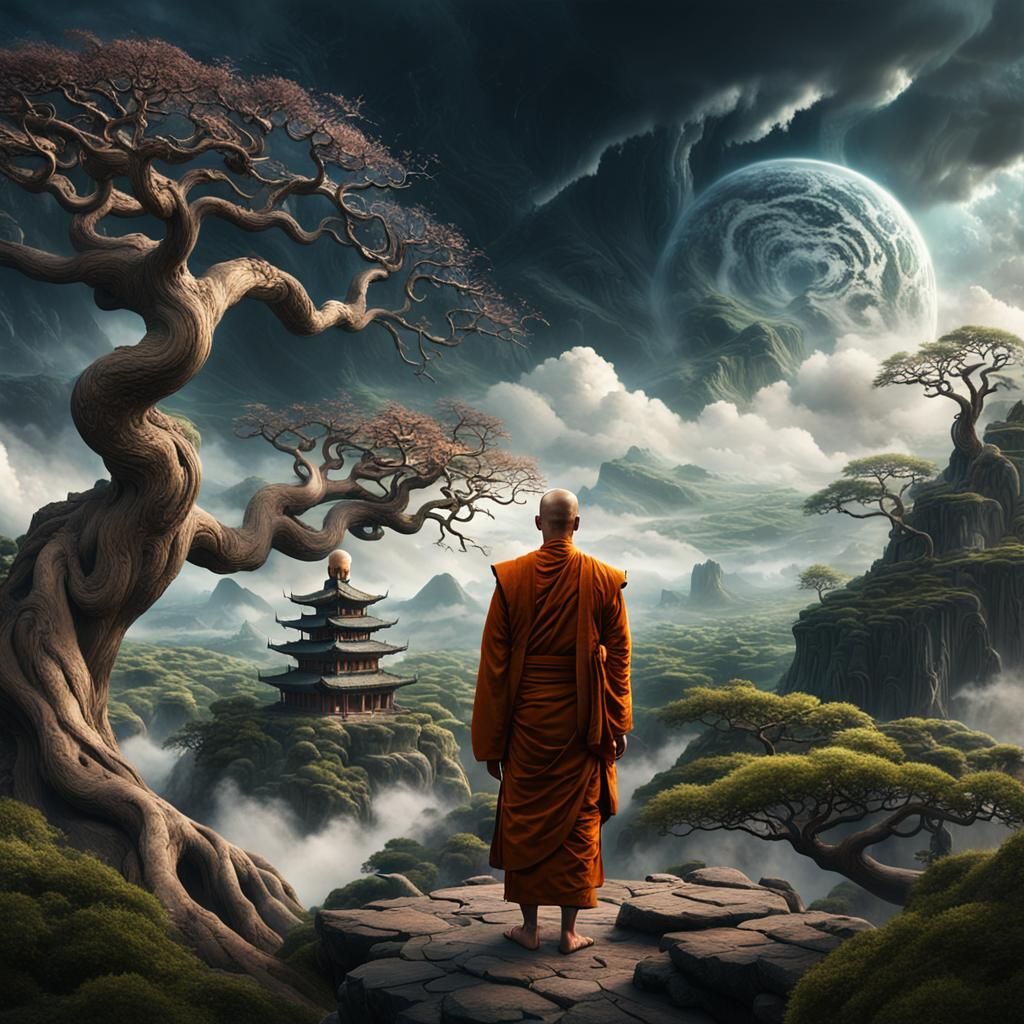 Mystical Monk in Dreamlike Asian Landscape