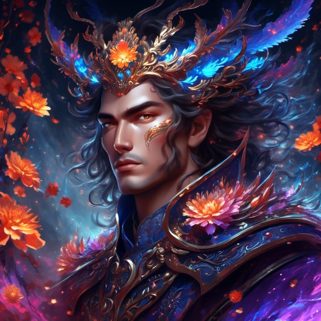 (a portrait of a graceful fire king:2) (sharp details:1.4) (beautiful, on fire:2)<lora:Colourful Dichotomy:0.2> <lora:Shadeslayer Style:0.7>...