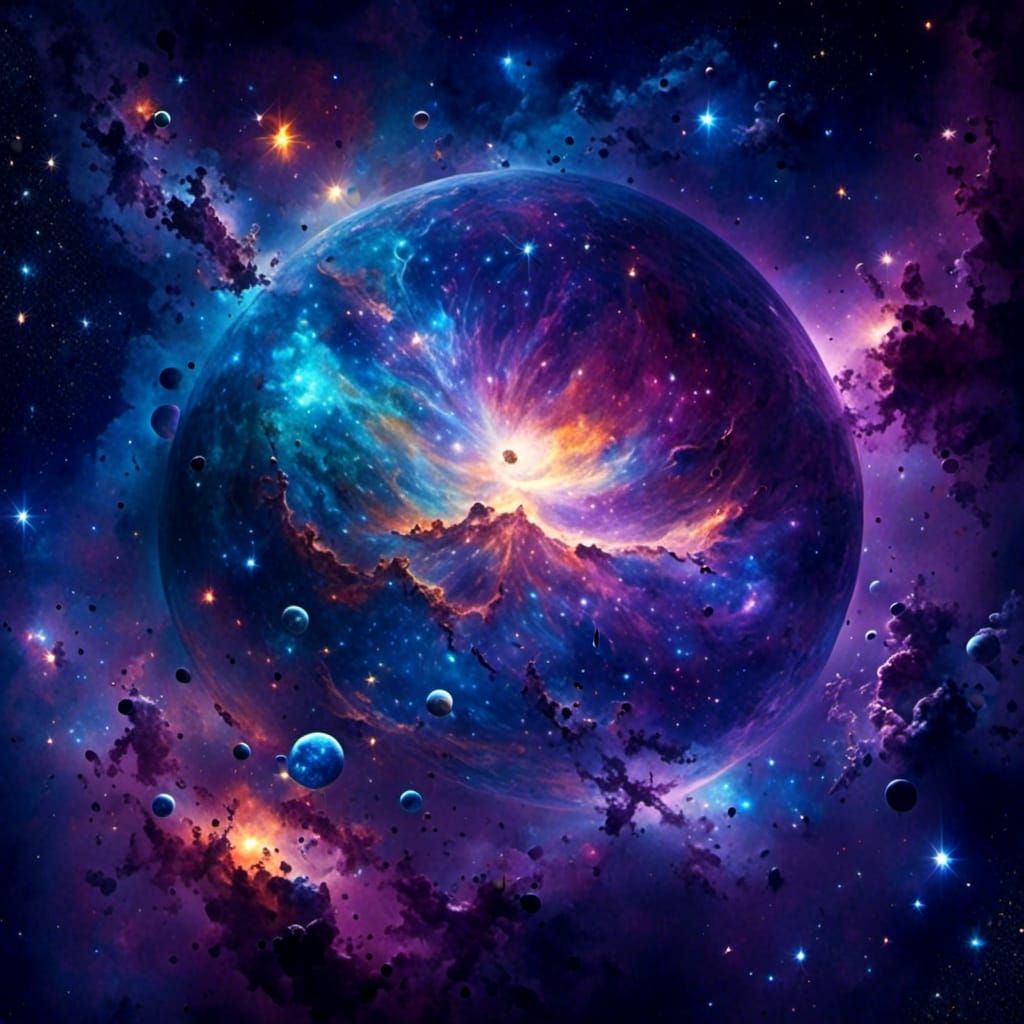 <lora:Spacescapes:1.0> cosmic god, spiritual, starry sky, alien planet, stars and planets, vivid colors, nebulae, blue and purple, connectin...