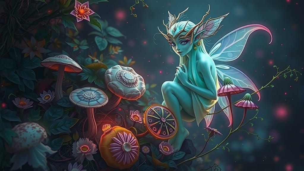 an earth anthropomorphic beautiful changeling fae, luminescent and startling in it's glowing beauty appears in the middle of the forest floo...