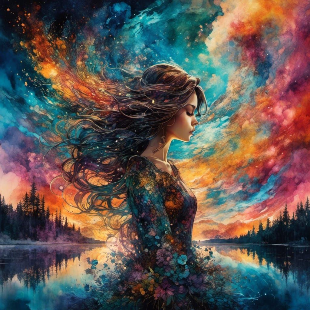 <lora:Nebulae:1.0>A professional alcohol ink concept art, surreal, double exposure, of abstract reality alone girl silhouette By a lake, And...