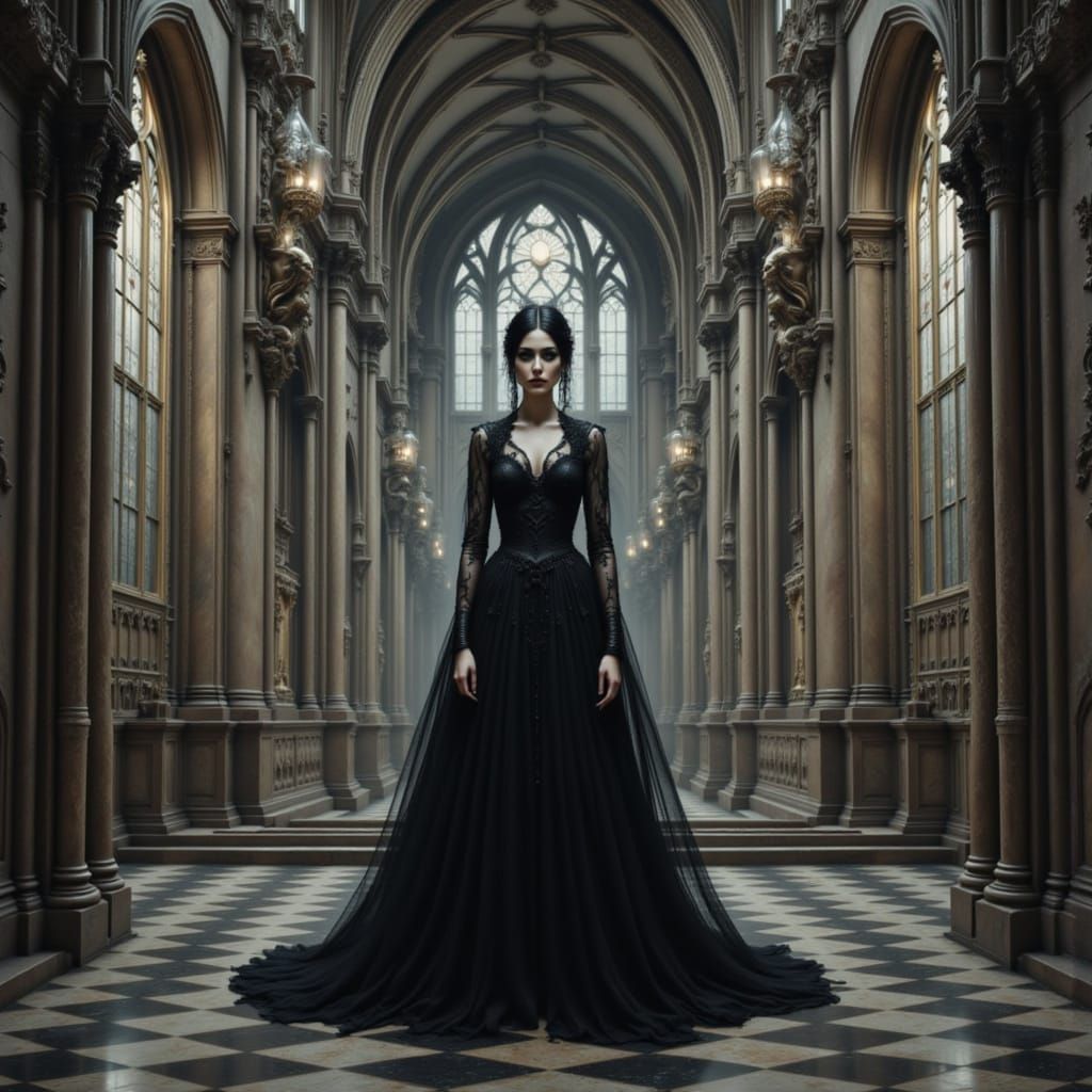 Gothic Woman in Cathedral, Dark Fantasy Concept Art