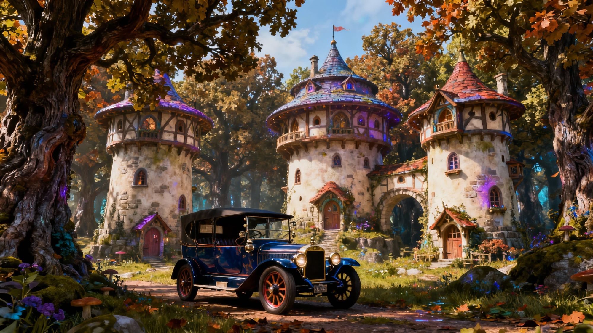 an old car at an old manor in an old forest