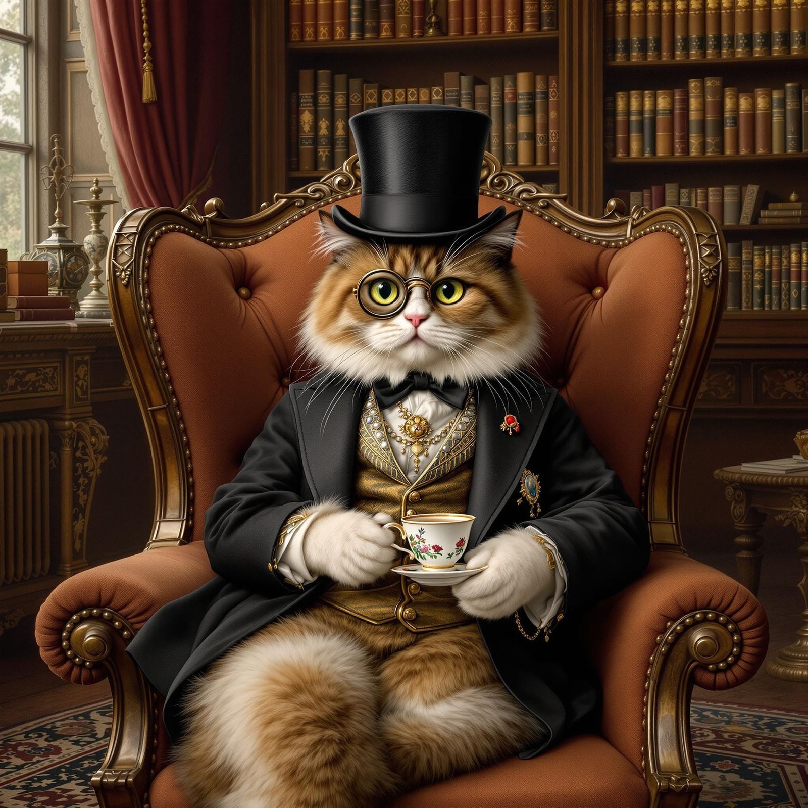 For the "Cats as Generations" challenge, picture a regal, Victorian-era cat with a monocle and top hat, ...  by @K J Baker