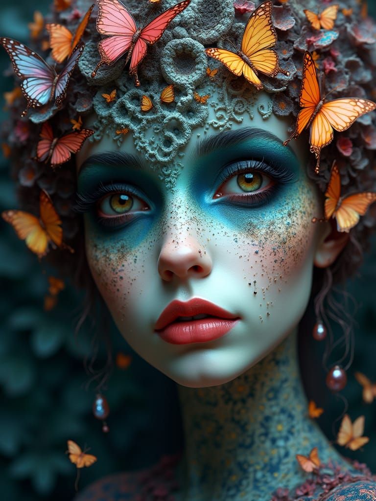 Fibonacci sequence, 3D try face, butterflies, fine art, concept art, contemporary art, female portrait, ...  by @Ai 4 Me