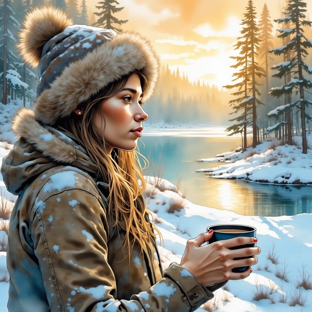 Portrait of a Canadian beauty with a mug of hot chocolate by the myst covered lake in winter, cottage, Digital watercolor Illustration of a...