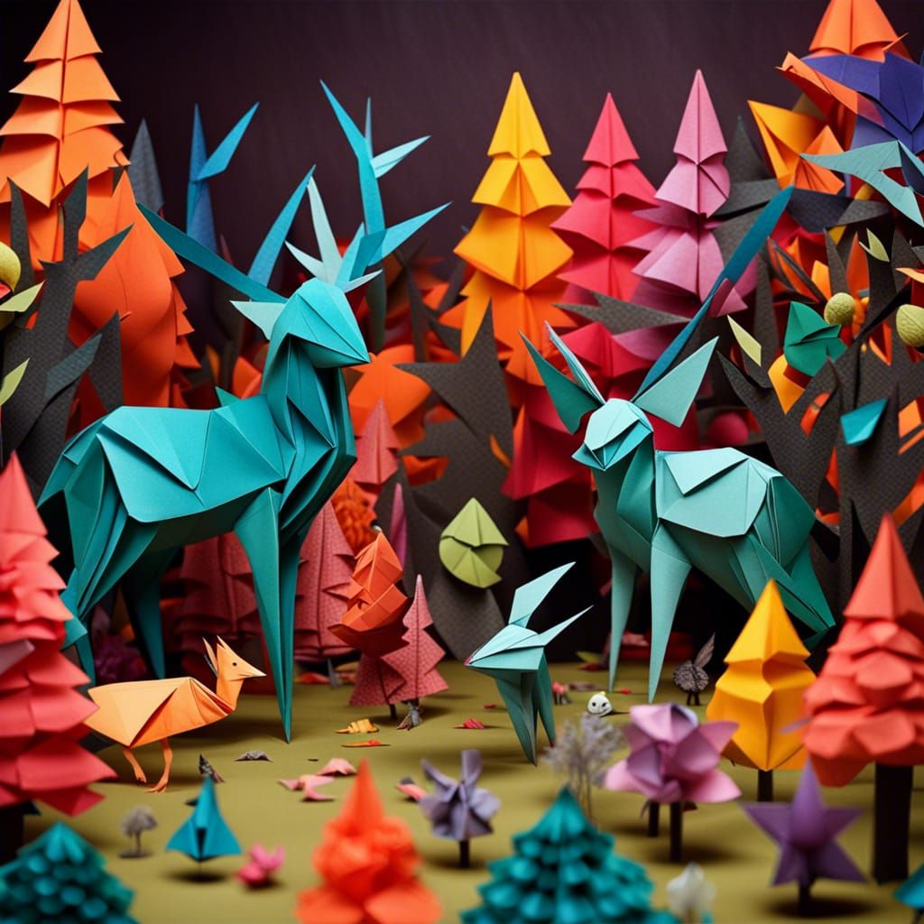 A creepy forest made from folded paper, origami animals, origami flowers, multi-coloured  by @Drac_Rosenberg