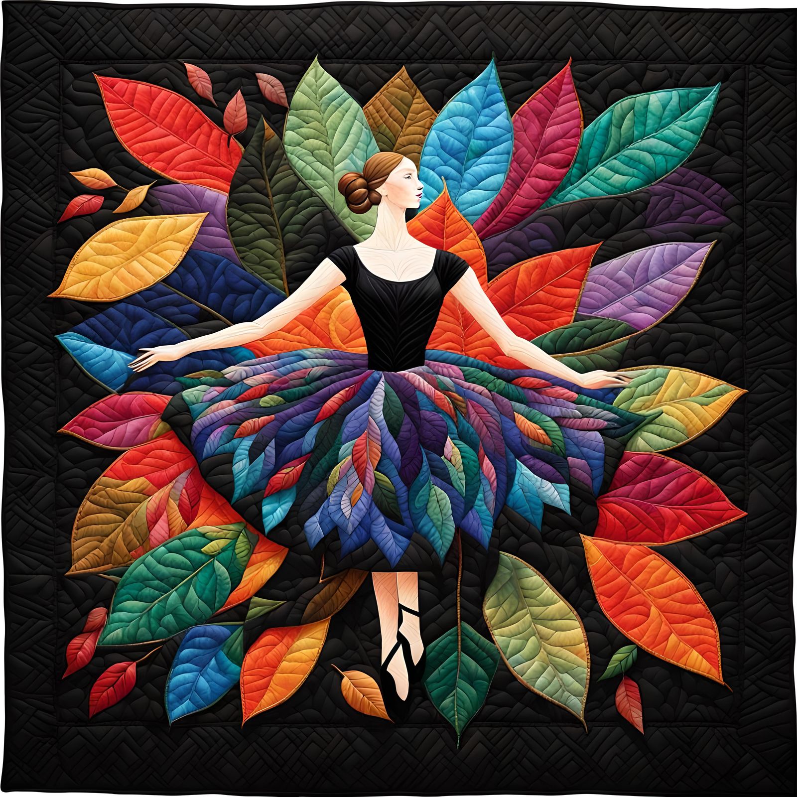 Quilted Dancer among colorful leaves.