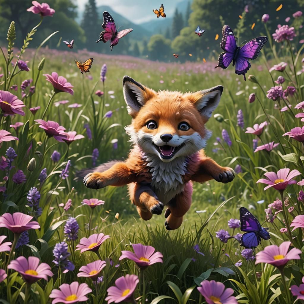 a fox pup jumping after a butterfly in a green meadow filled...