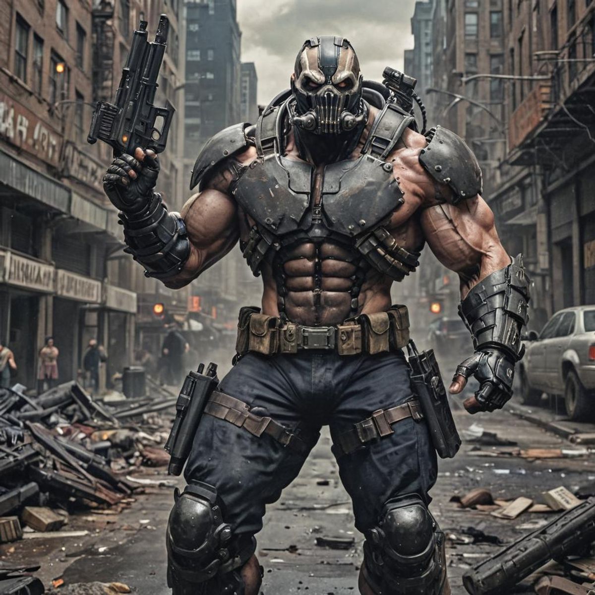 Bane from the movies as a robot in downtown Gotham carrying a large ...