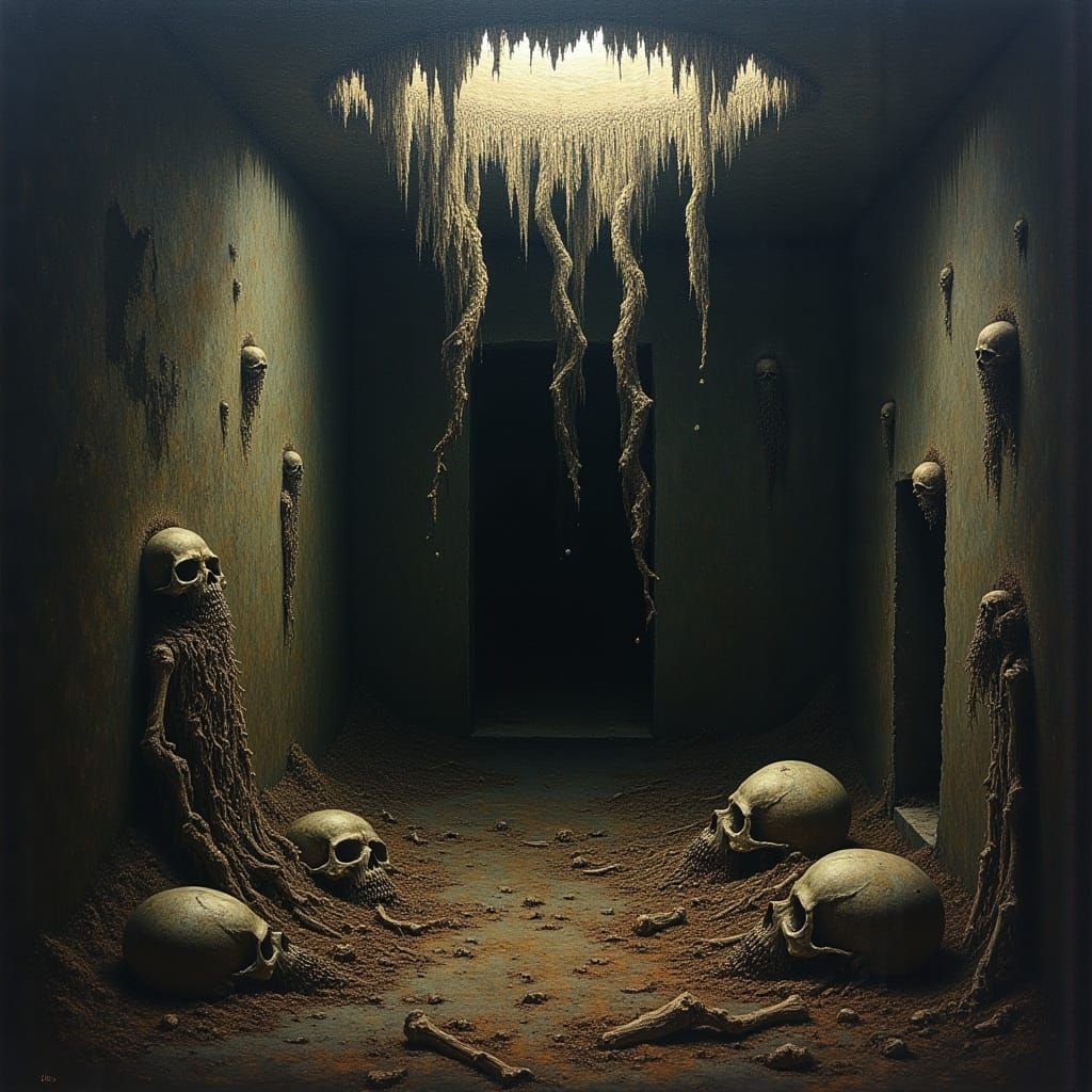 <lora:MJ6 Macabre:1.0> a macabre scene, gloomy, dark, intense, horrorpunk, abstract absurdism, a masterpiece that stands out, easily identi...