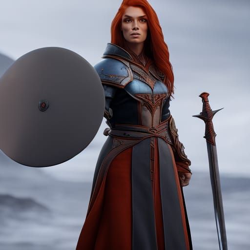 a tall red haired woman blocking a wave of fire with a shiel...