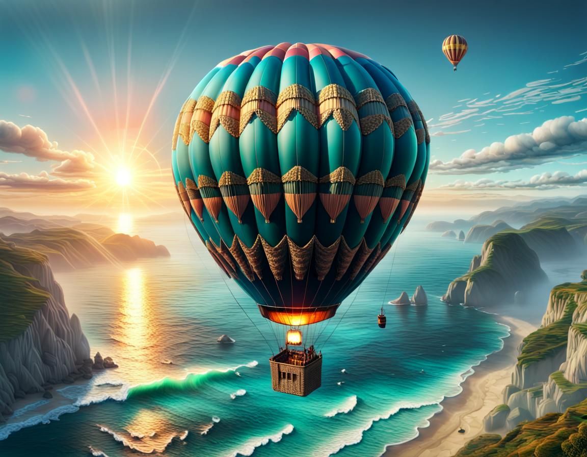 hot air balloon flying over a coastline  by @RatzeP