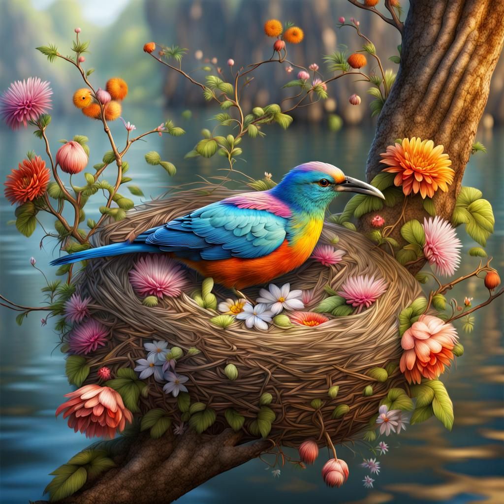 a STRANGE COLORFUL BIRD IN ITS COZY BEAUTIFUL NEST by the riverside, decorated with flowers, very highly ...  by @Uttia Majumdar