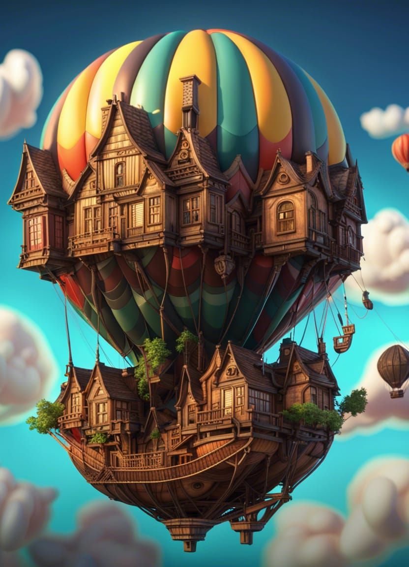 Hot air balloon made of houses, steampunk, 4k, 3D shading, v...