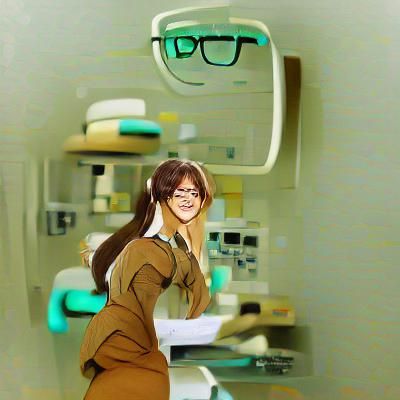 a female doctor with round glasses brown hair beautiful smil...