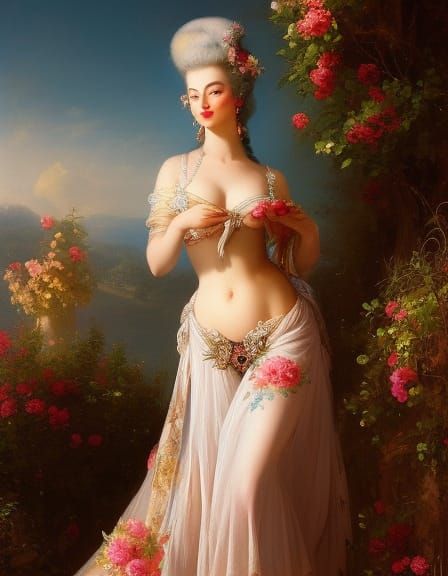 Marie-Antoinette in baroque flowery underwear  digital paint...