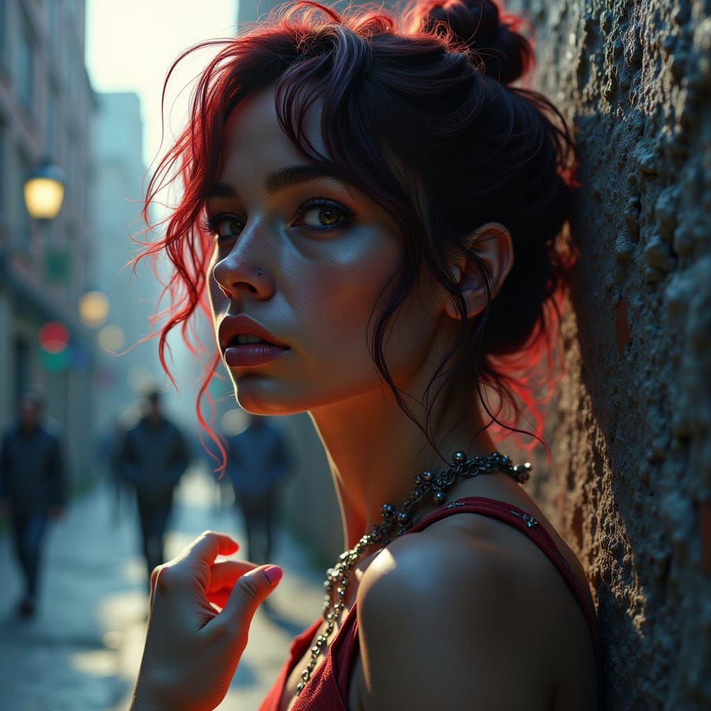 A glamour model looks out of place experiencing <lora:Street Life:1.0> in Glasgow head and shoulders portrait, 8k resolution concept art por...