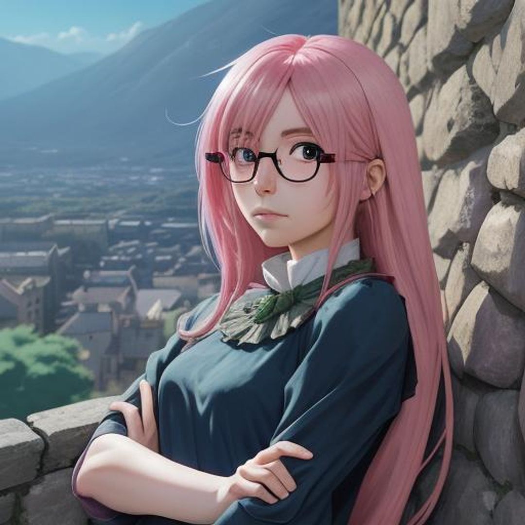 Beautiful pink-haired anime woman leaning against a stone wall. - AI ...