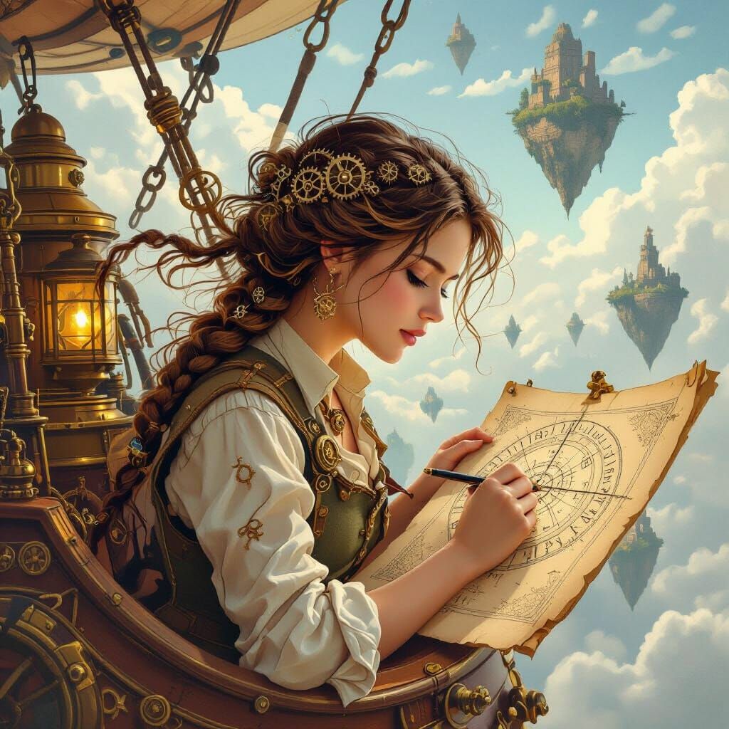 A young woman with windswept hair and intricate gears woven into her braid, meticulously sketching ancient runes onto a weathered celestial ...