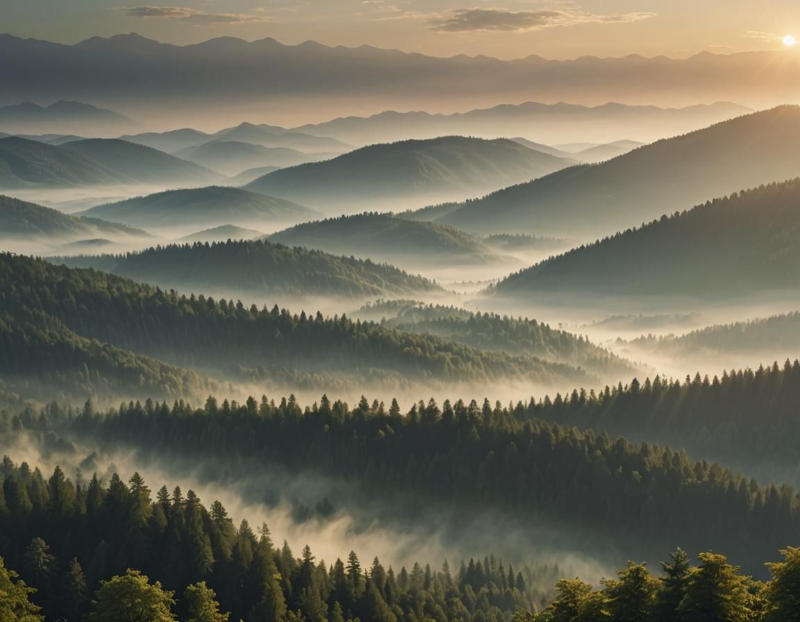 "Scene of A of dense forest, surrounded by mountains, sun rising