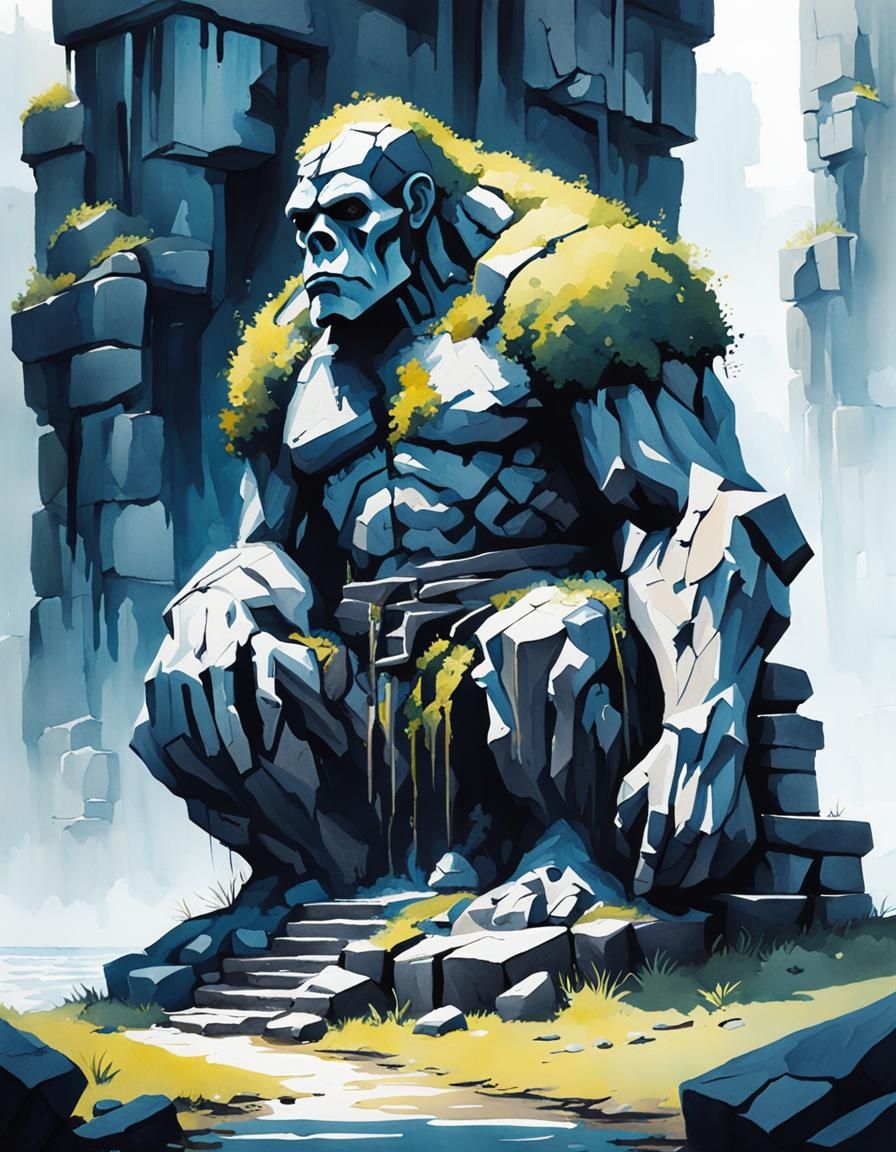 Sad Stone Golem in Watercolor Matte Painting