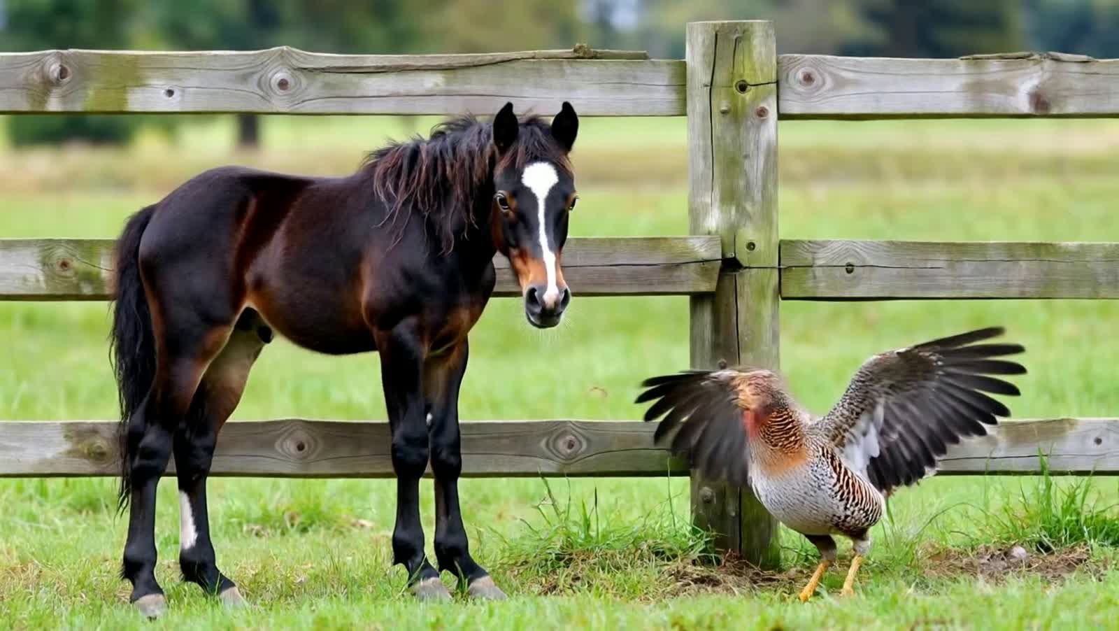 A black foal a white blaze on its forehead stands on one side of the paddock fence, facing a wild turkey flapping its wi...
