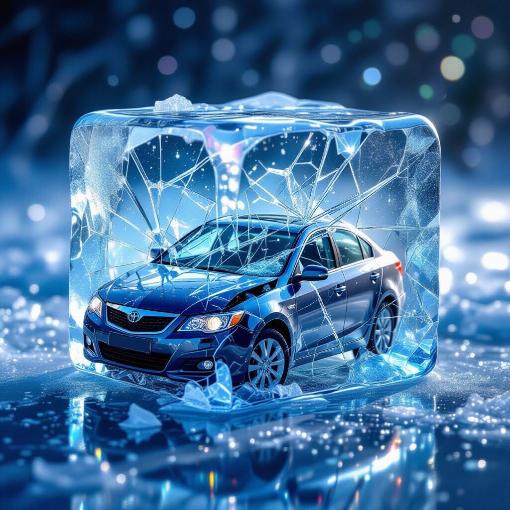 Car Crash Frozen in Ice Block