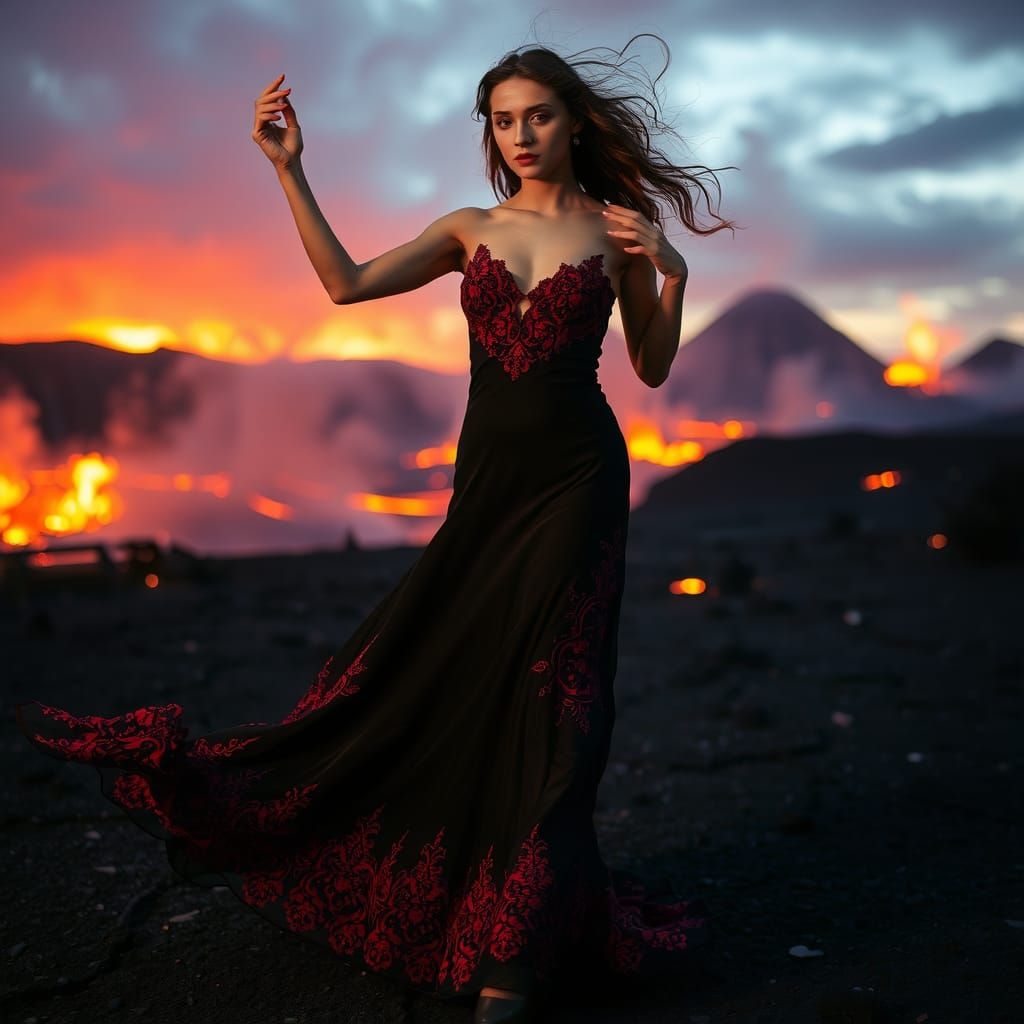 Volcanic Dancer in Flowing Dress, Dramatic Lighting