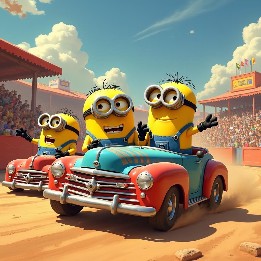 Minions driving pintos in a derby AI Generated Artwork NightCafe