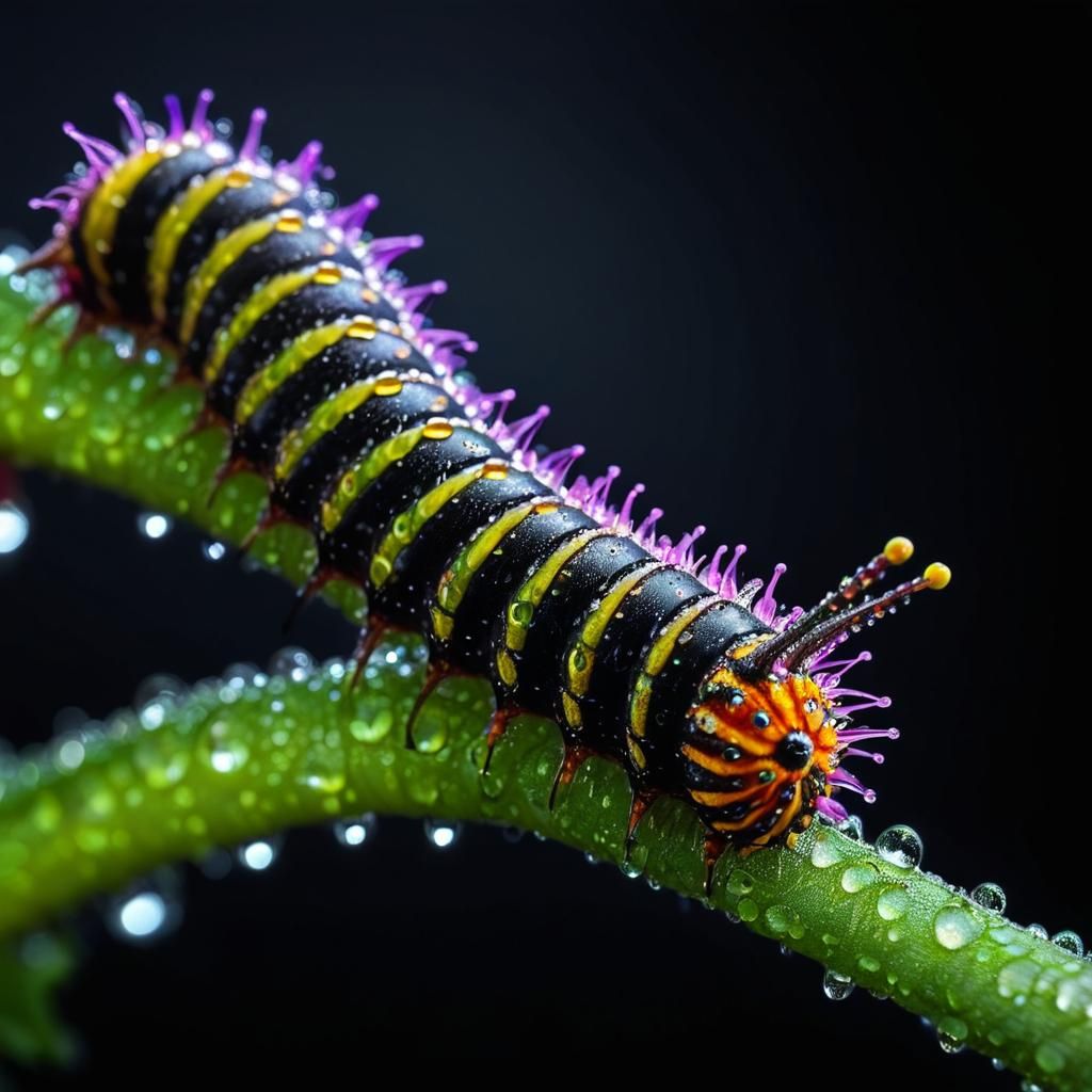 Caterpillar on Exotic Flower: Macro Hyperrealistic Photograp...