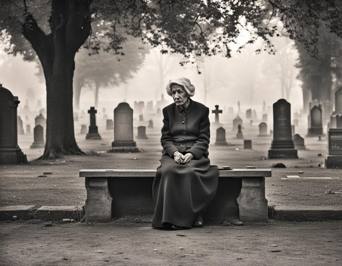 An old woman sitting alone on a bench grave yard  by @vorebidden