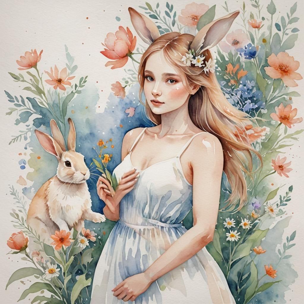 rabbit, woman, flowers, ethereal watercolor
