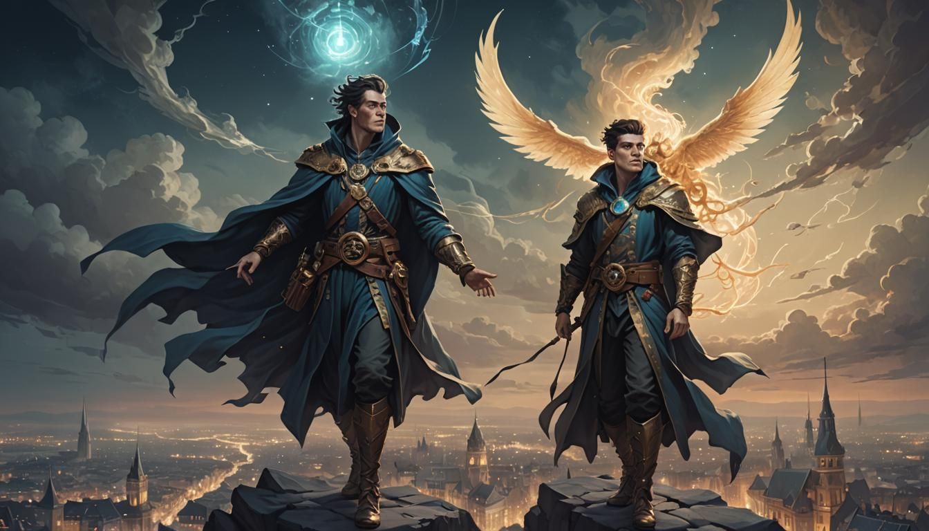 master and apprentice sorcerer travel in the sky above a cit...