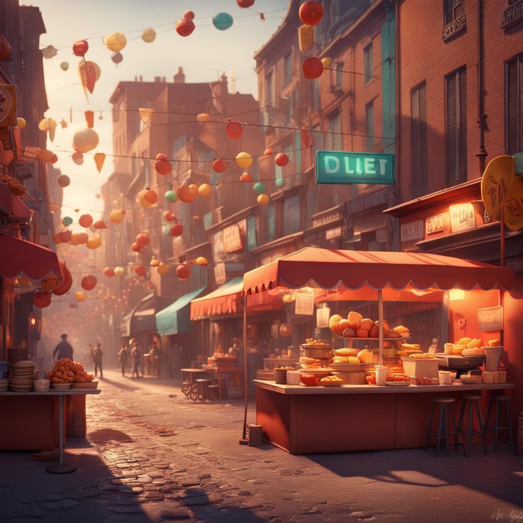 Une rue avec de la street food en année 3020
