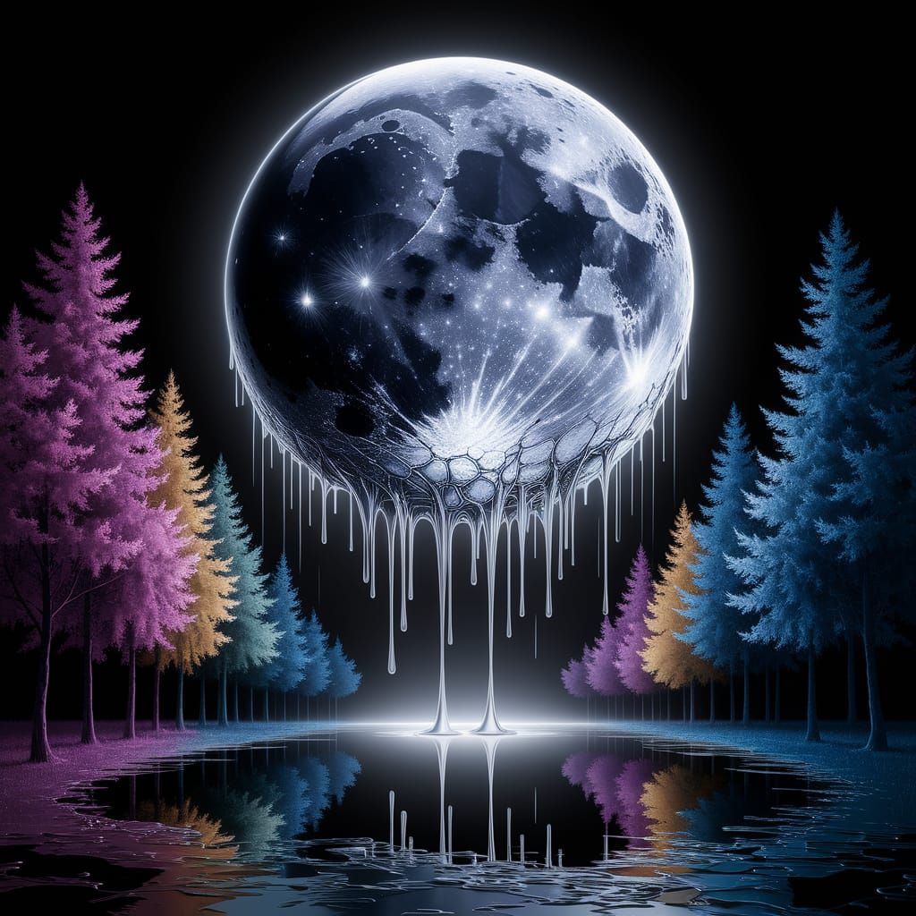A colossal moon melting slowly in the night sky, luminous and surreal, with glowing liquid silver dripping ...  by @Twiggles