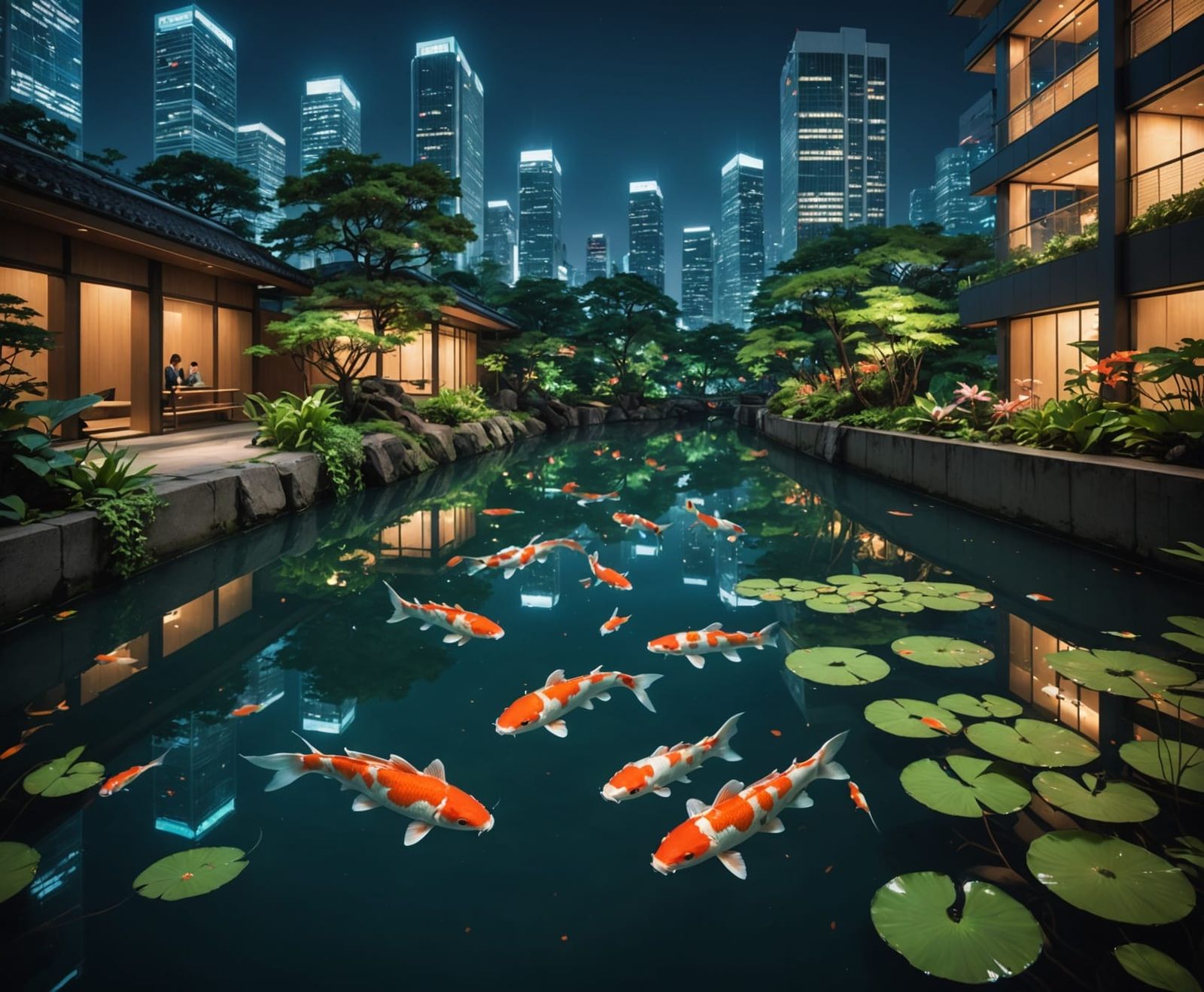 A koi pond in a futuristic cityscape  by @EmzMc