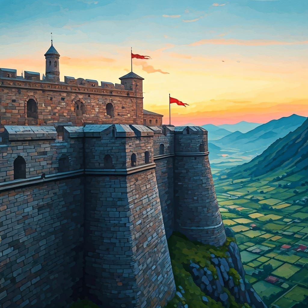 Watercolor Fortress at Sunset with Red Flag