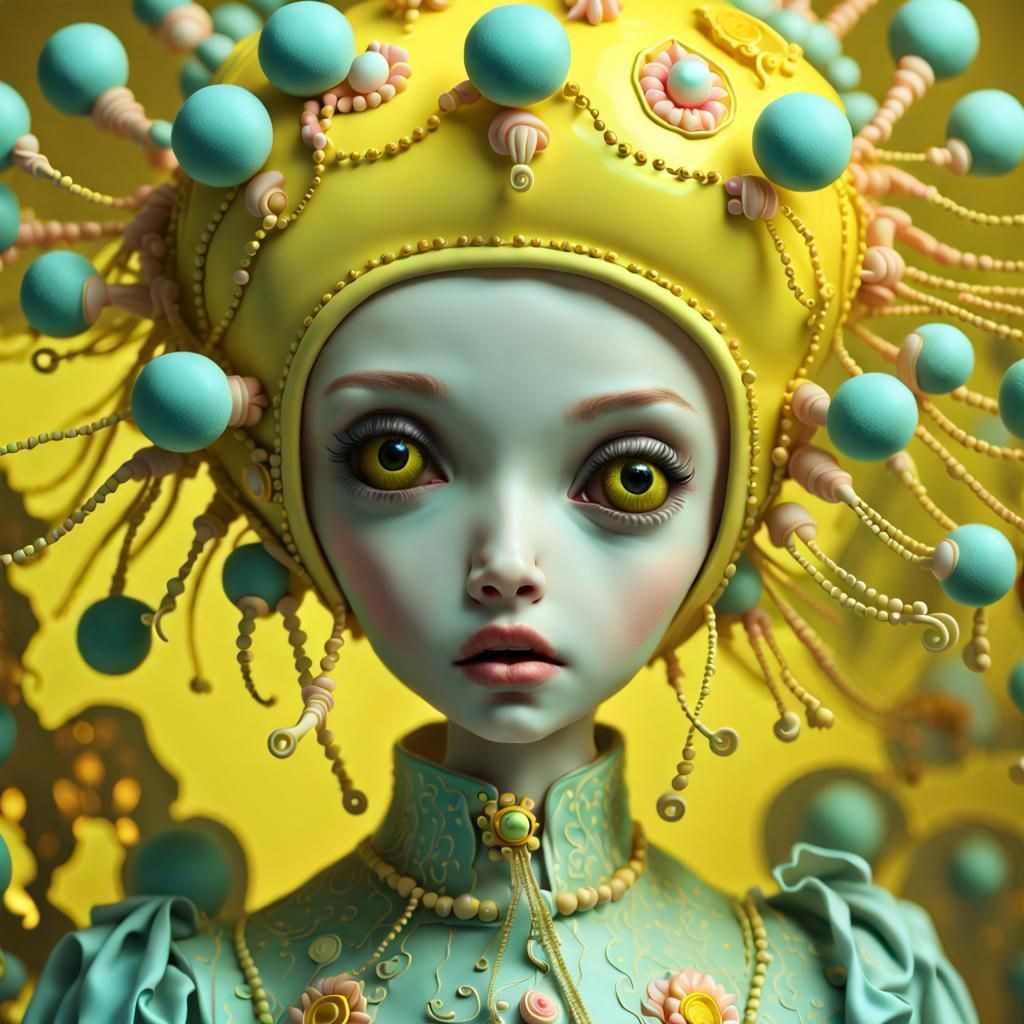 Close up of a doll with yellow eyes, a surrealist painting, inspired by Ray Caesar, zbrush central contest winner, pop surrealism, neon jell...