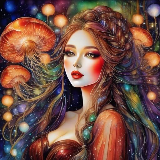 Young woman with long braided hair and red glistening lips <lora:PR Stained Glass:1.0> sinister, wearing a gown of jellyfish, glitter, magic...
