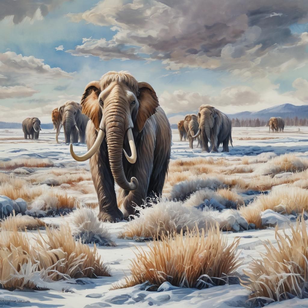 Wool Mammoth in a frozen field with it’s pack  by @Aspen