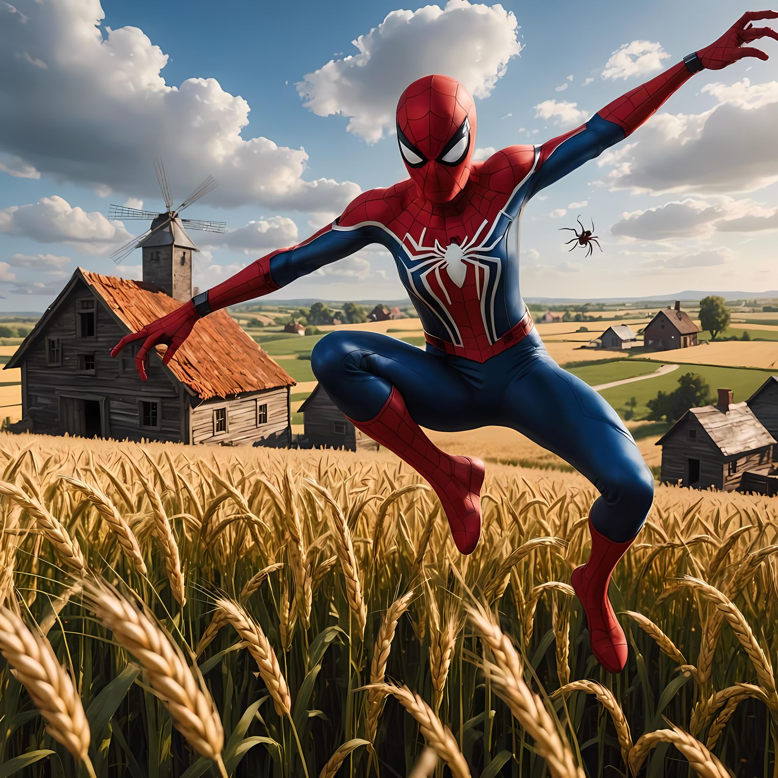 a girl spider man in Village with natural comrade and flying...