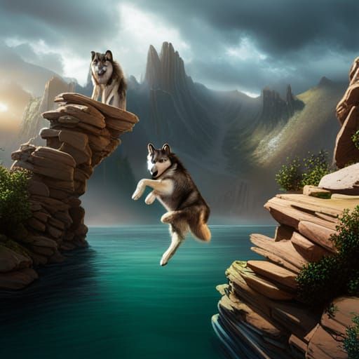 a husky with  a puppy that jumped off a cliff in Utah