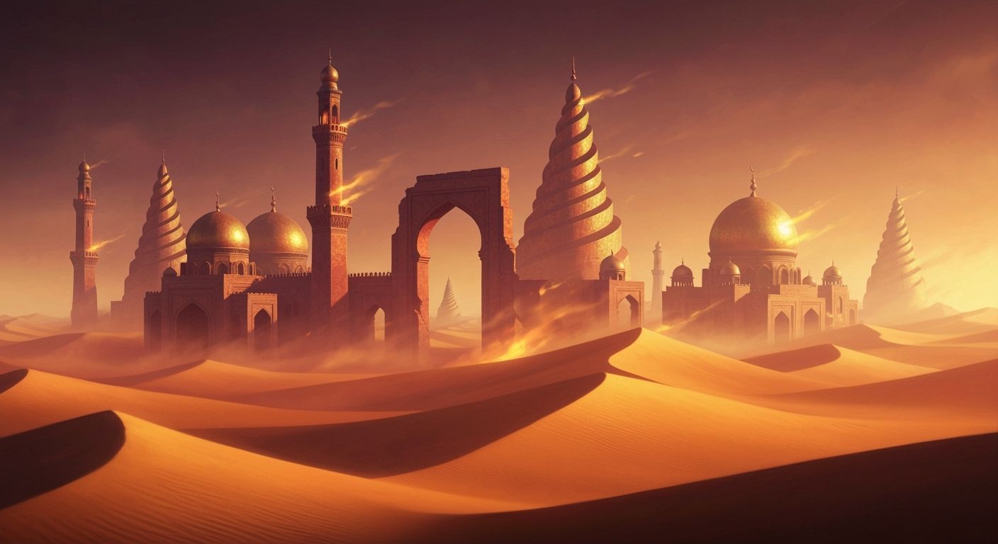 The Mirage of Eternal Sand
From shifting dunes emerges the ghost of a once-glorious city — golden domes and spiraling minarets flicker in th...