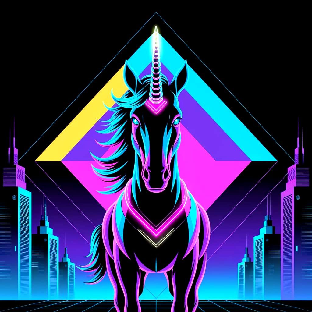 The Cyberpunk Unicorn Dreams. Facing the viewer. Poster design aesthetic. 